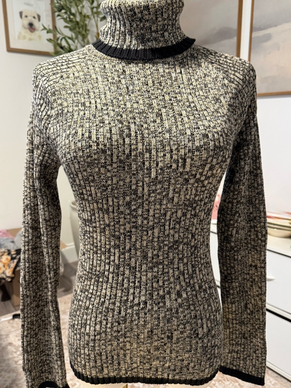 Calvin Klein Jeans Black Grey Marled Cotton Turtleneck Sweater M Ribbed